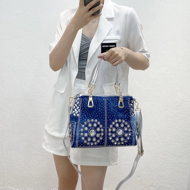 Women’s Medium Canvas Geometric Vintage Style Streetwear Weave Square Zipper Tote Bag