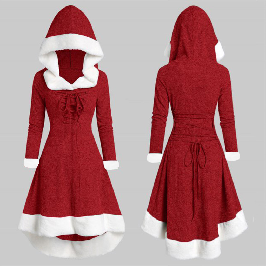 Christmas Ladies Vintage Long-sleeved Plush Stitching Retro Dress Evening Dress