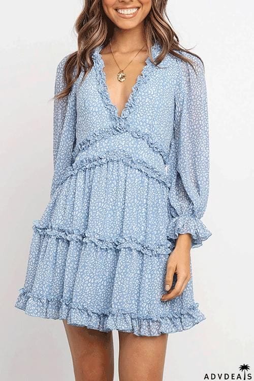 Print V Neck Backless Mini Dress