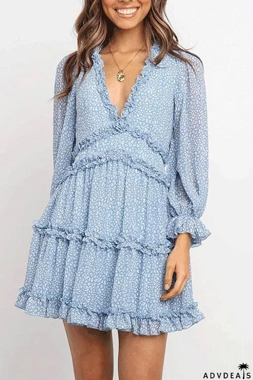 Print V Neck Backless Mini Dress