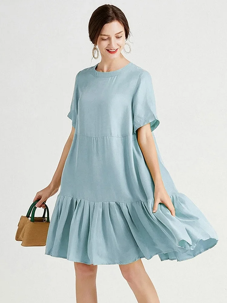 Original Solid Color Crewneck Short Sleeve Ruffled Hem A-Line Dress