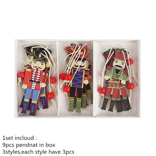 9pcs Wooden Nutcracker Soldier Christmas Tree Hanging Decor Nutcracker Puppet Xmas Wooden Pendants For New Year Home Ornaments