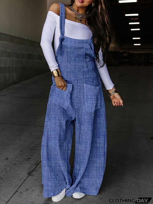 Loose Sleeveless Knot Pockets Split-Joint Overalls