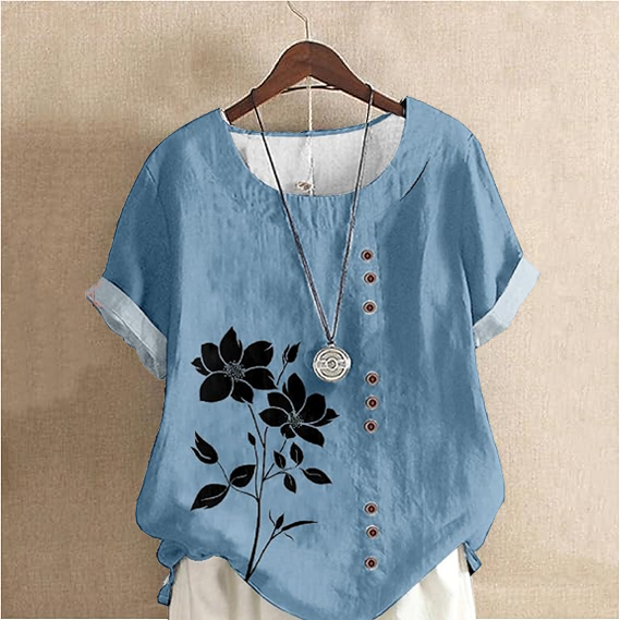 Women'S Silhouette Flower  Cotton And Linen Short Sleeve Top