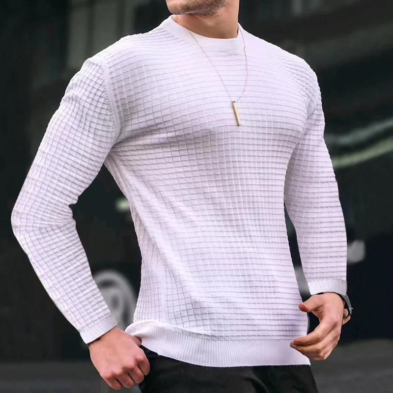 Men's Waffle Pattern Round Neck Pullover Trend Loose Knit Long Sleeve Top