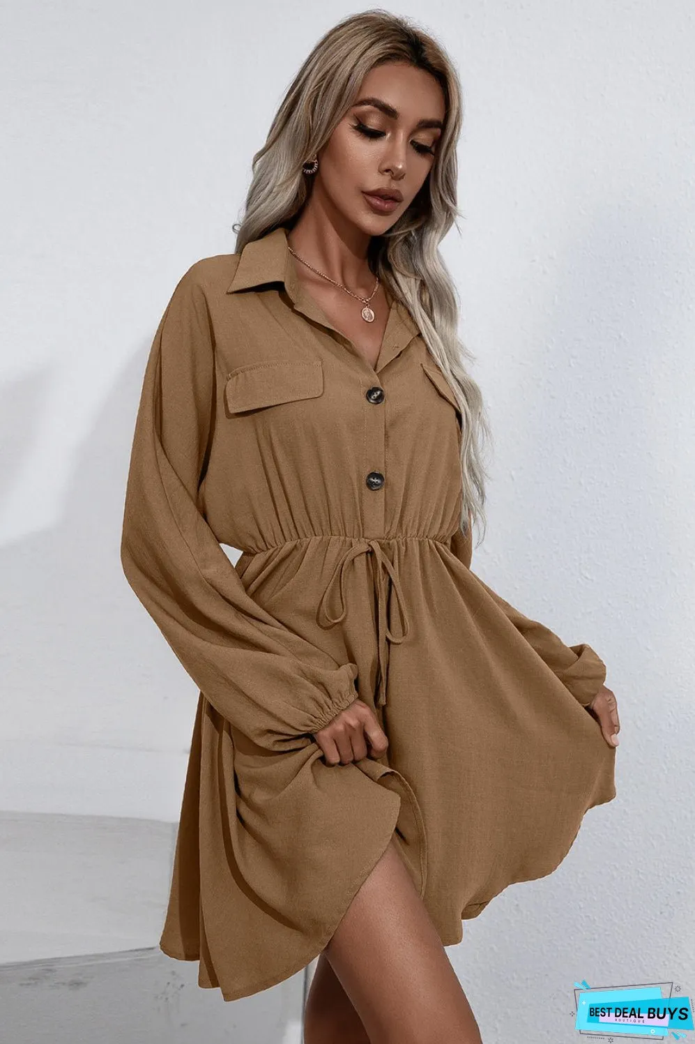 Collared Tie Waist Button Up Shirt Dress
