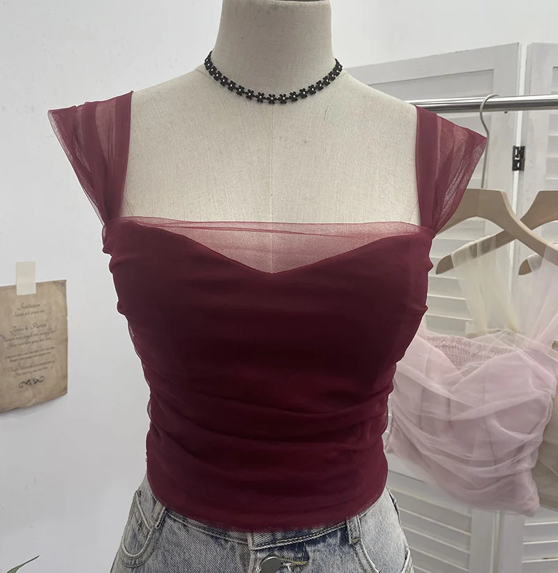 Breakj Real-Spat Thai-Style Small Design Mesh Yarn Draw-Folded Breast Sling Sling With Bra Cushion Short Sleeveless Top 8022