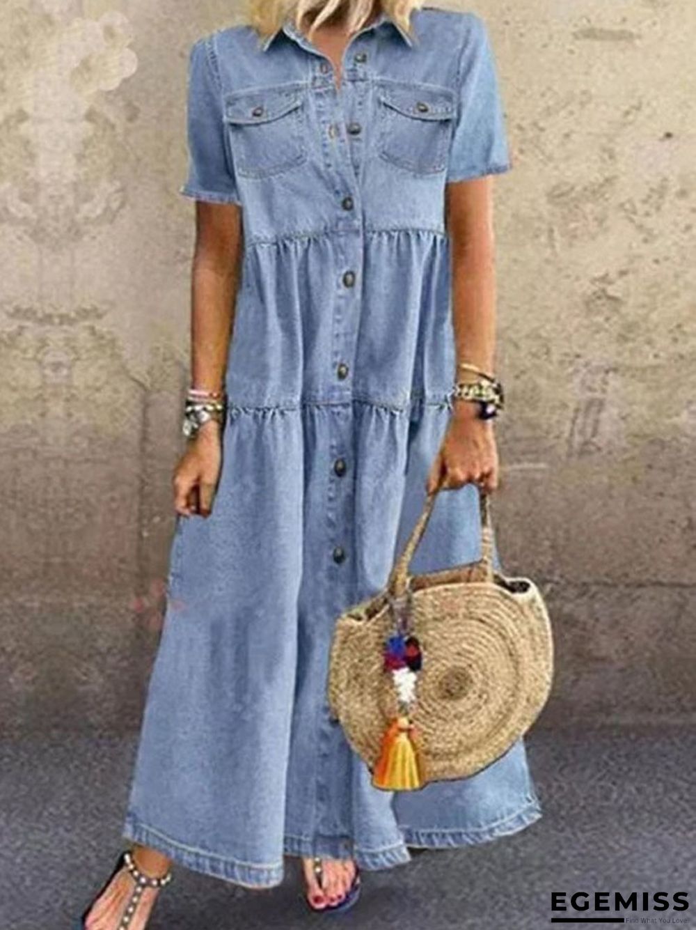 Denim Style Long Multi Button Old Dress | EGEMISS