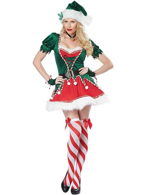Women Santa Green Elf Costumes Dress-elleschic
