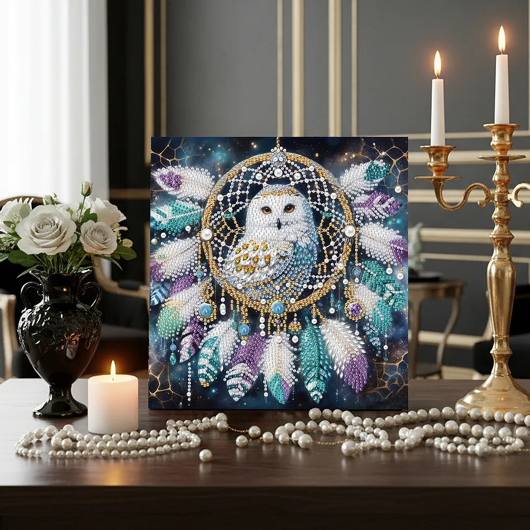 Owl Dreamcatcher DIY Art Craft Pearl Diamond Painting with Frame 9.84x9.84in Diamond Art Pearl Painting Kit for Adults Beginners Gift Idea Home Wall Decor