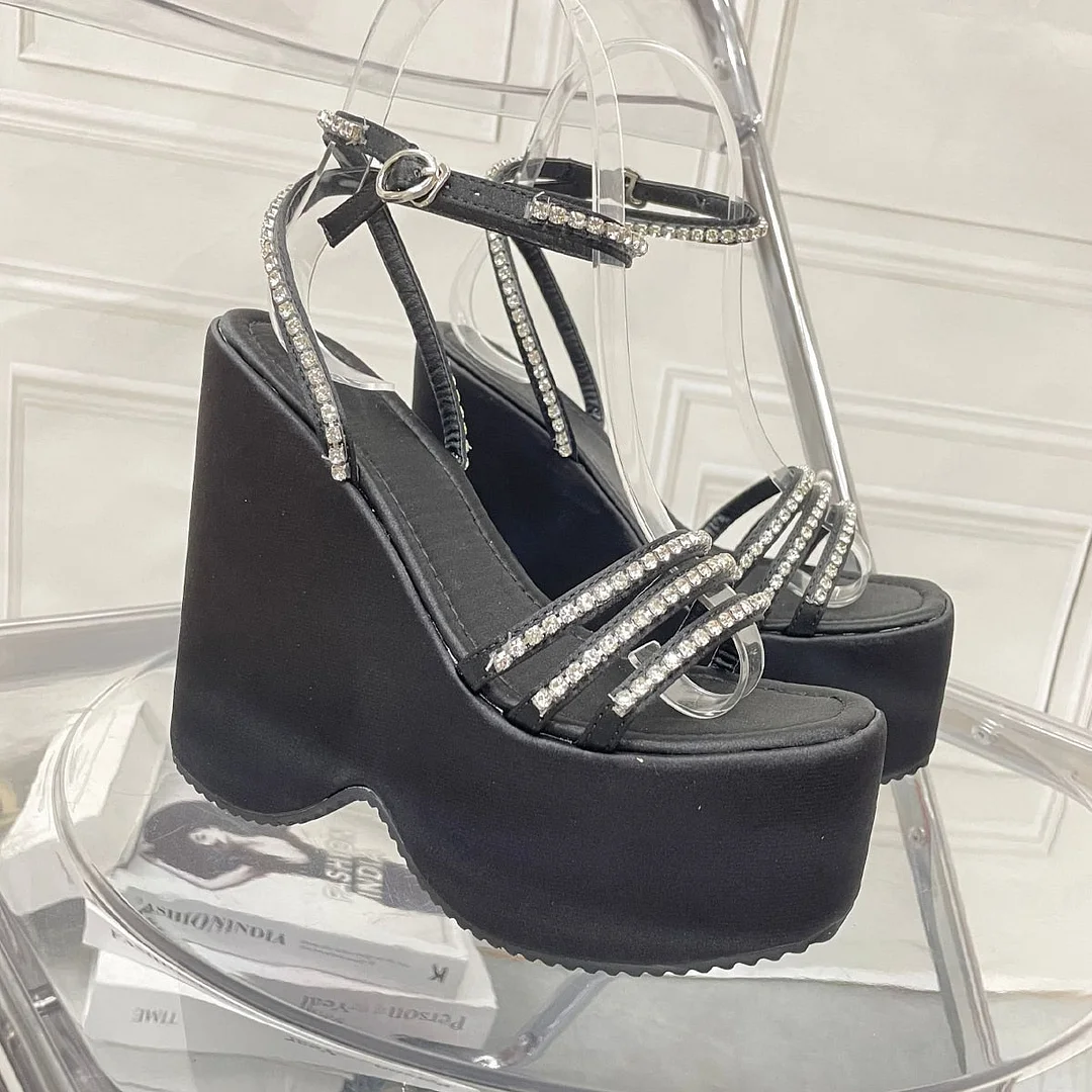 Women Sandals High Heels Open Toe Rhinestone Fashion Sandals Wedge Platform Black Plus Size Heel Sandals