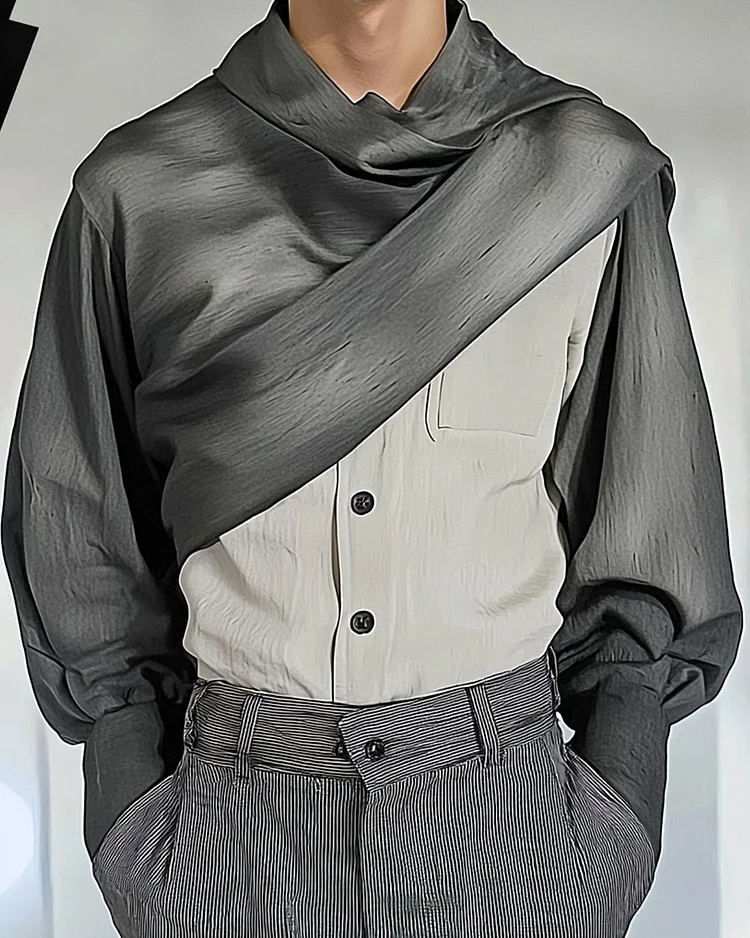 Men's Fashionable Two-Piece Color-Blocked Long-Sleeved Shirt