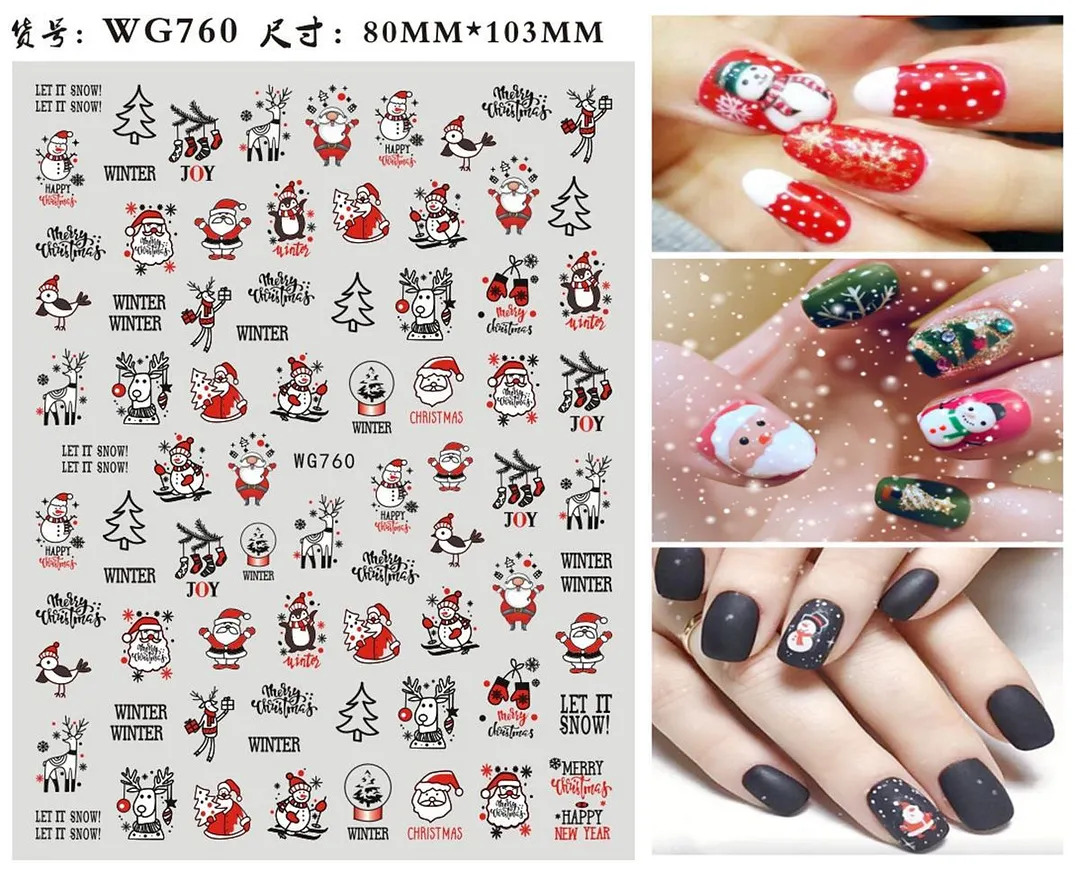 3D Christmas Nail Art Sticker For Kids Tattoo Manicure Accessories Snow Man Gift Tree Deers Santa Claus Slider Nail Decals Decor-Nail Inspo