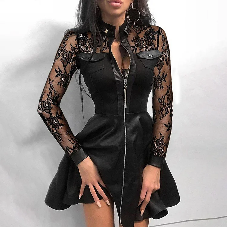 Fashion See-Through Lace Patchwork PU Leather Zipper Midi Dress