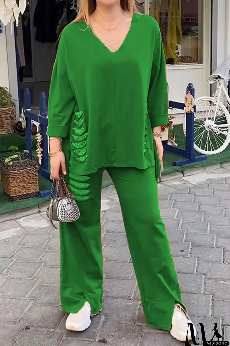 MidiSono - Casual Daily Ripped Sequins Irregular V Neck Half Sleeve Two Pieces(8 Colors)