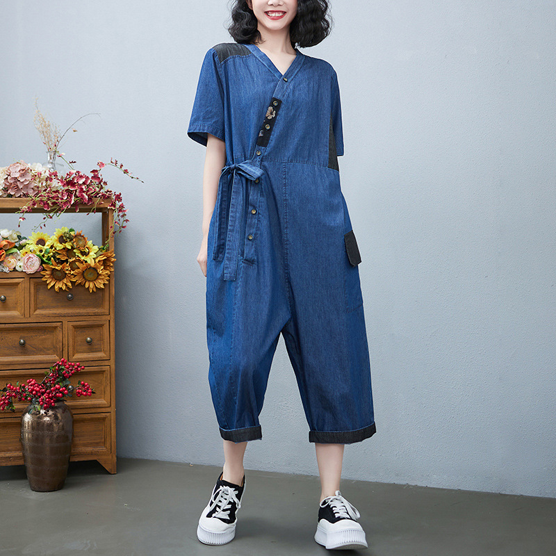 Literary Loose Splicing Drawstring Denim Jumpsuit