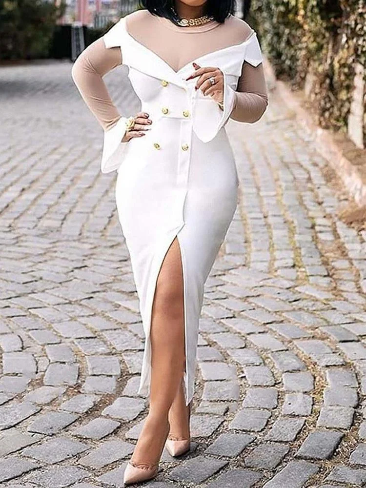Neosepa-Romantic Round Neck Long Sleeve Sheer Gauze Double Breasted Slit White Gown