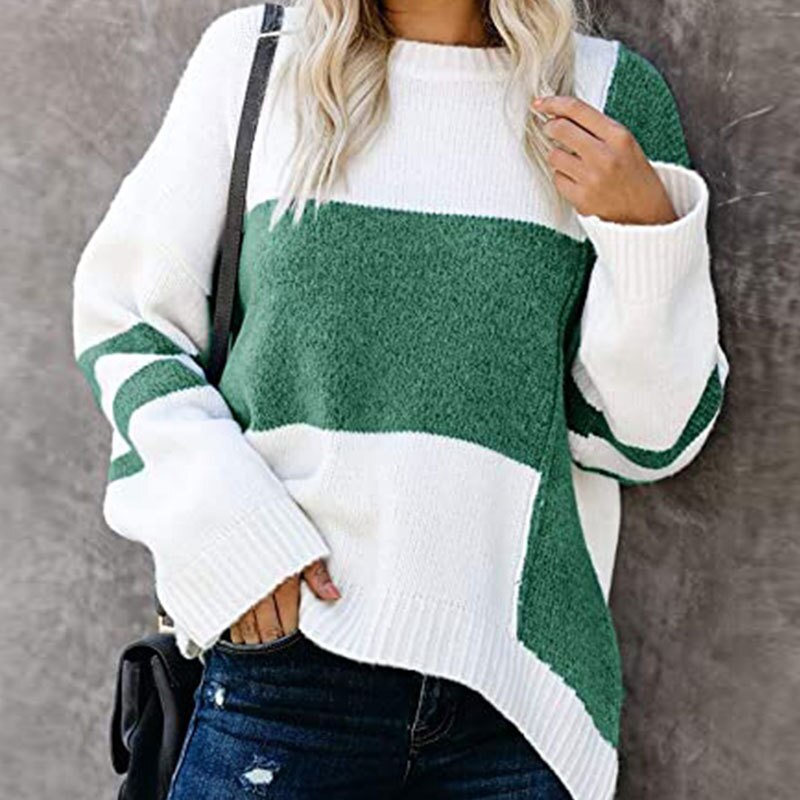Winter New Style Striped Retro Street Hipster Sweater Women Loose Hit Color Stitching Round Neck Pullover Sweater Korean Style