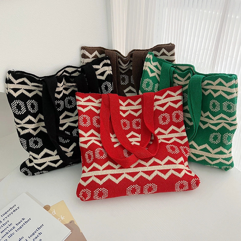 Women's Knit Stripe Classic Style Weave Square Open Shoulder Bag Handbag