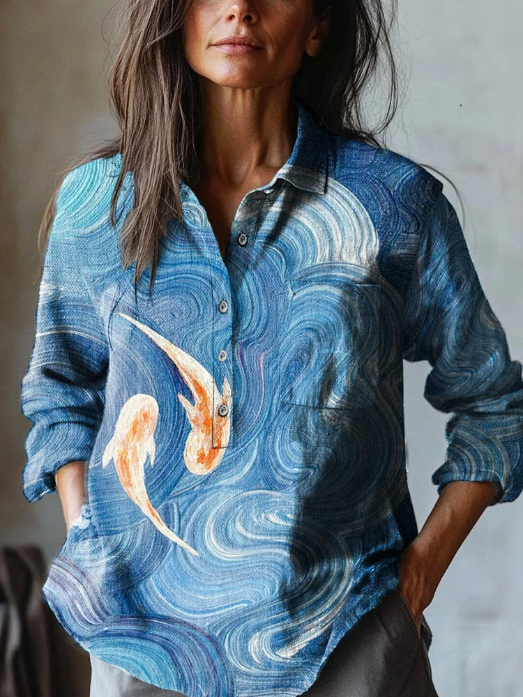Women's Vintage Goldfish Art Print Casual Cotton and Linen Shirt