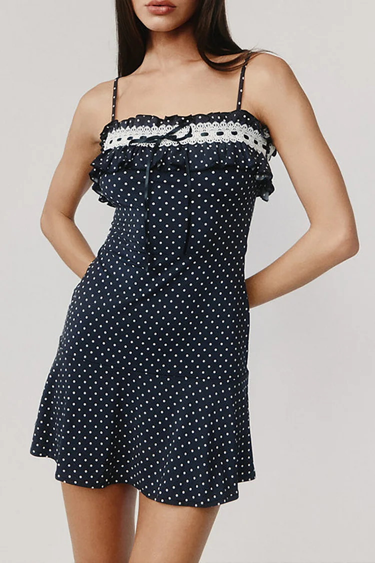 Lace Trim Tie Up Polka Dot Print Spaghetti Strap Mini Dresses-Navy