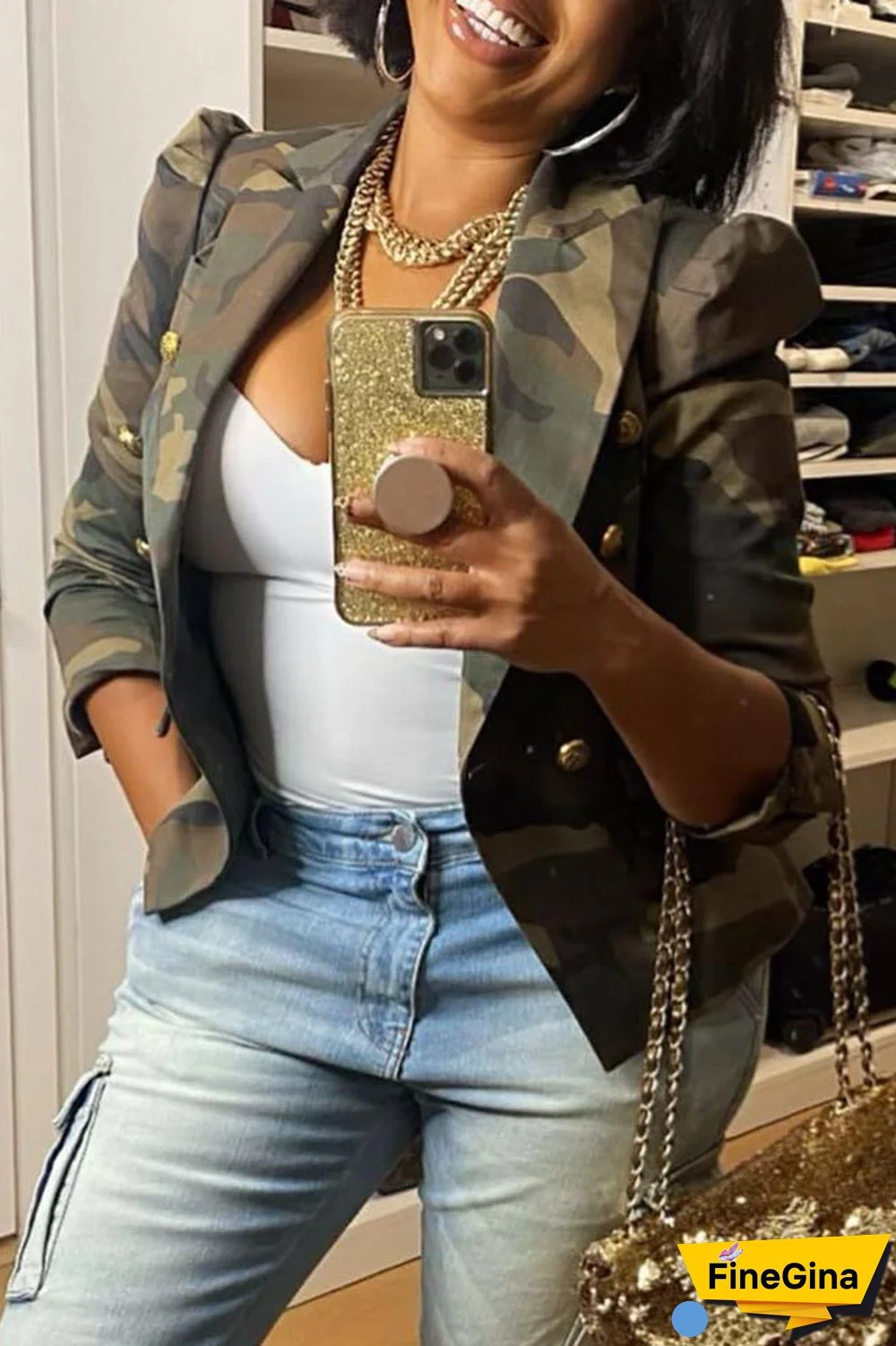 White Casual Print Patchwork Buttons Turn-back Collar Outerwear