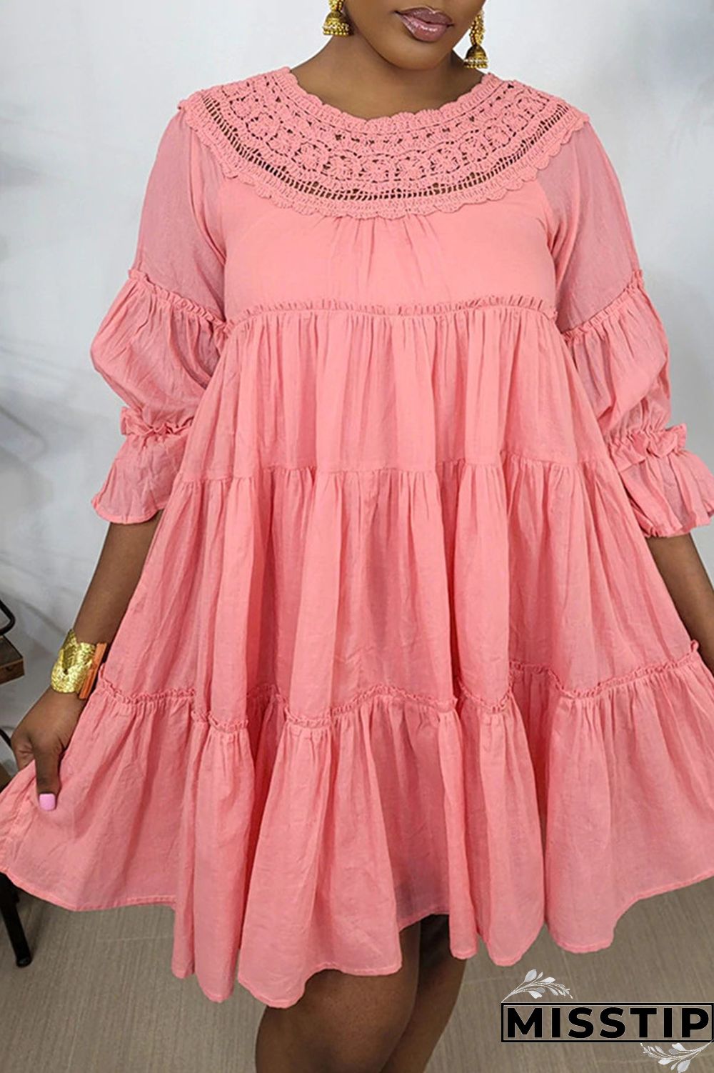 Pink Casual Solid Patchwork O Neck A Line Dresses(Without Lining)