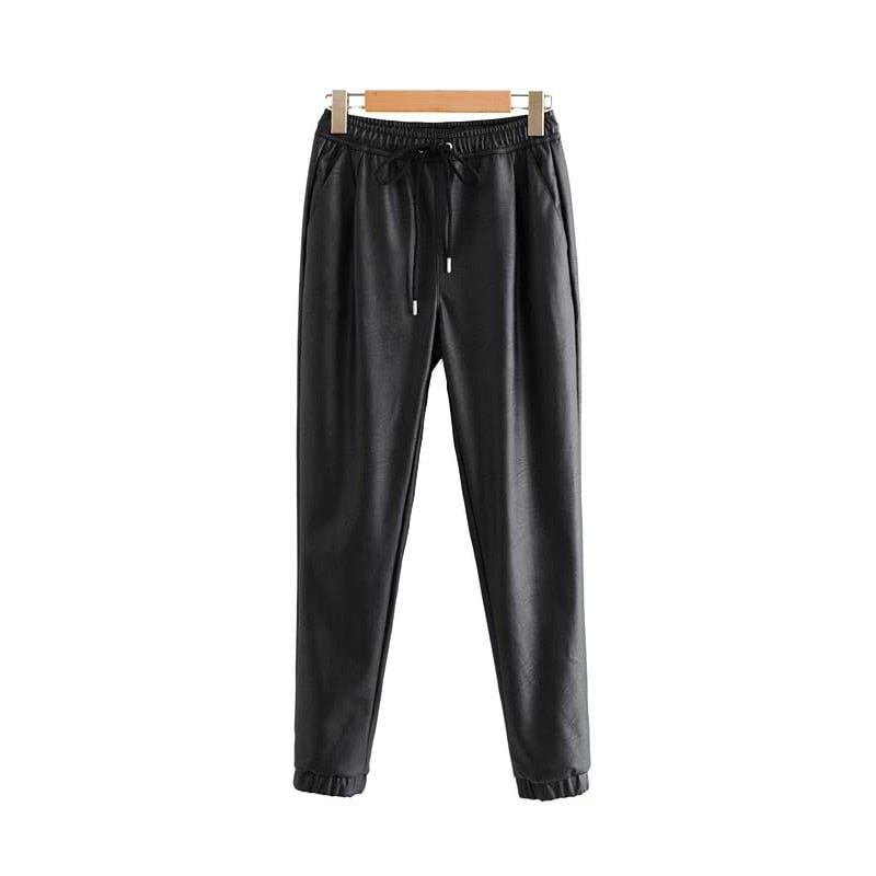 TRAF Women Faux PU Leather Pockets Pants Vintage Fashion Elastic Waist Drawstring Tie Ladies Ankle Trousers Pantalones Mujer
