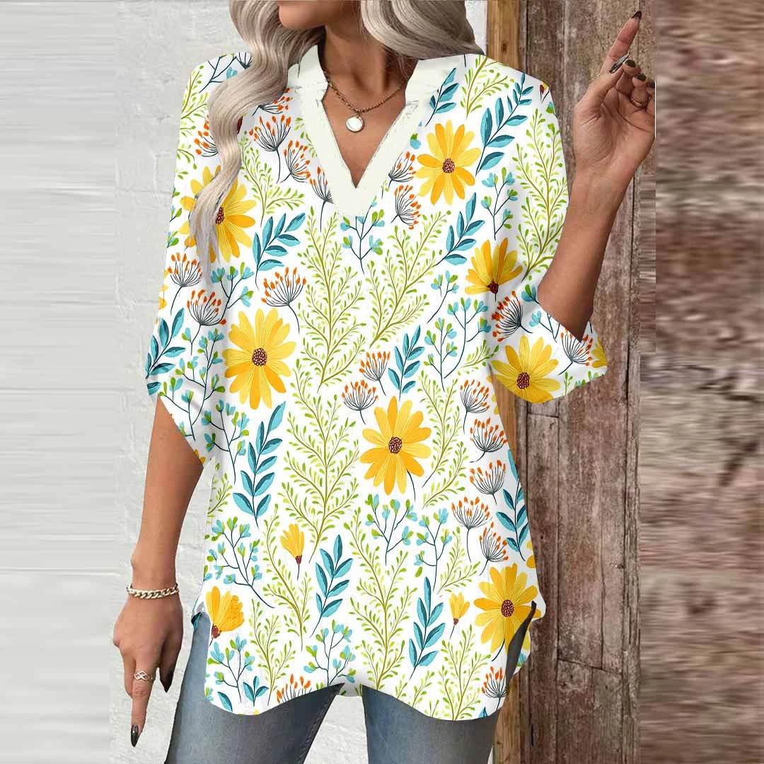 Women Floral, Yellow, Blue DZGA0546 3/4 Sleeve V-neck Printed Graphic Button Tops