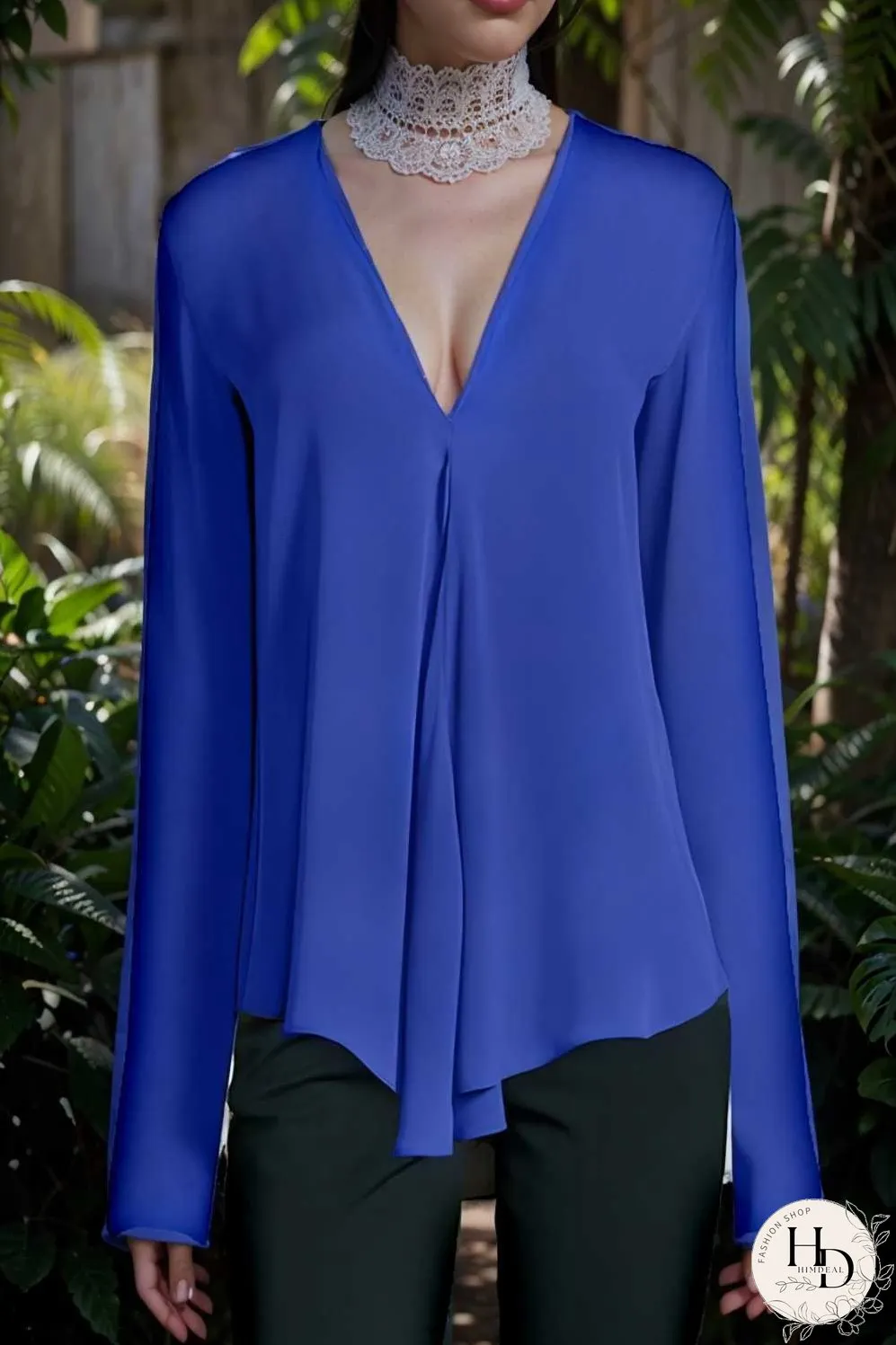 v neck long sleeved chiffon solid blouse drop shoulder closed shirt