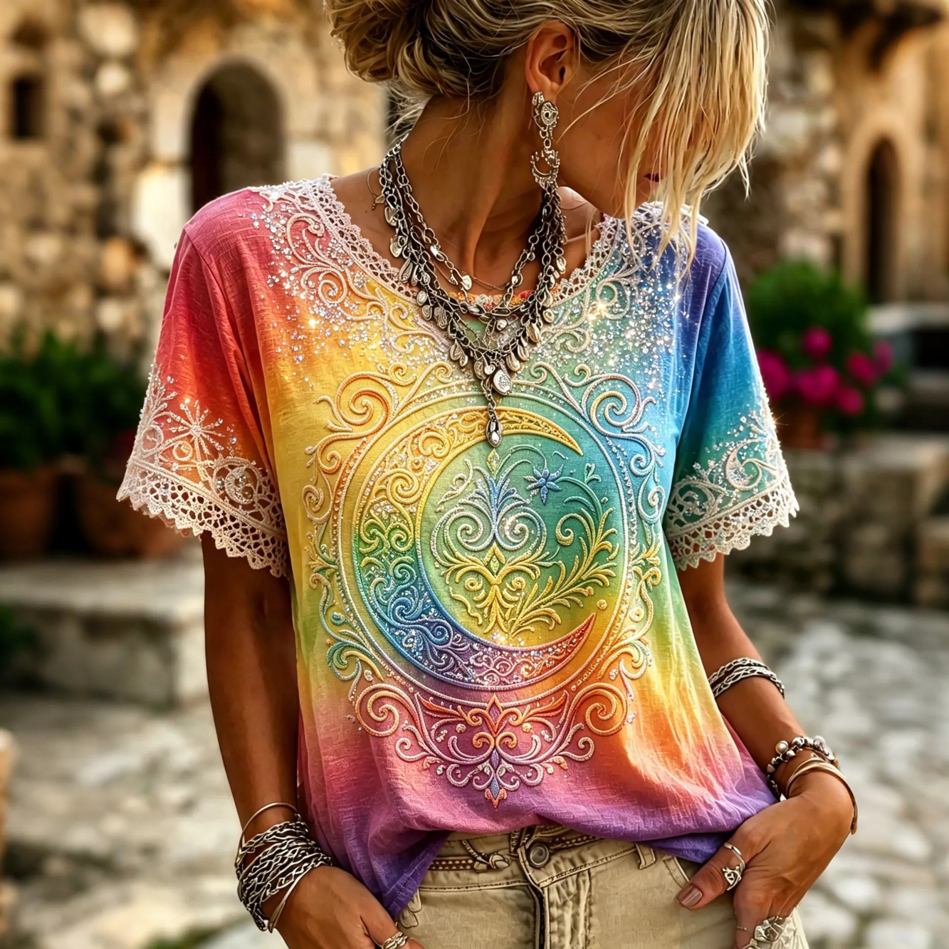 Comstylish Women's Retro Hippie Gradient Print Crew Neck T-shirt