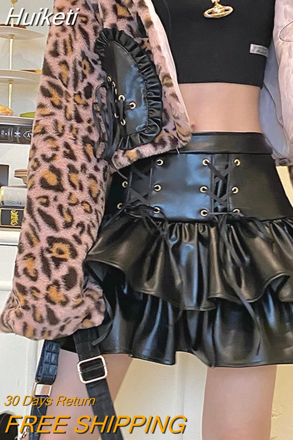 Huiketi Lace up short black leather skirt women high waist Mini tiered ruffle skirt vintage gothic faux leather skirts 2023 7xl