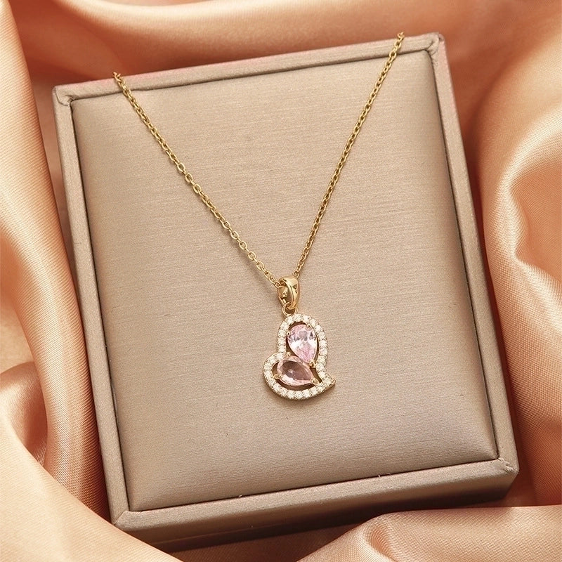 2 Pieces Vintage Style Heart Shape Flower Bow Knot Titanium Steel Copper Tassel Plating Inlay Zircon Pendant Necklace