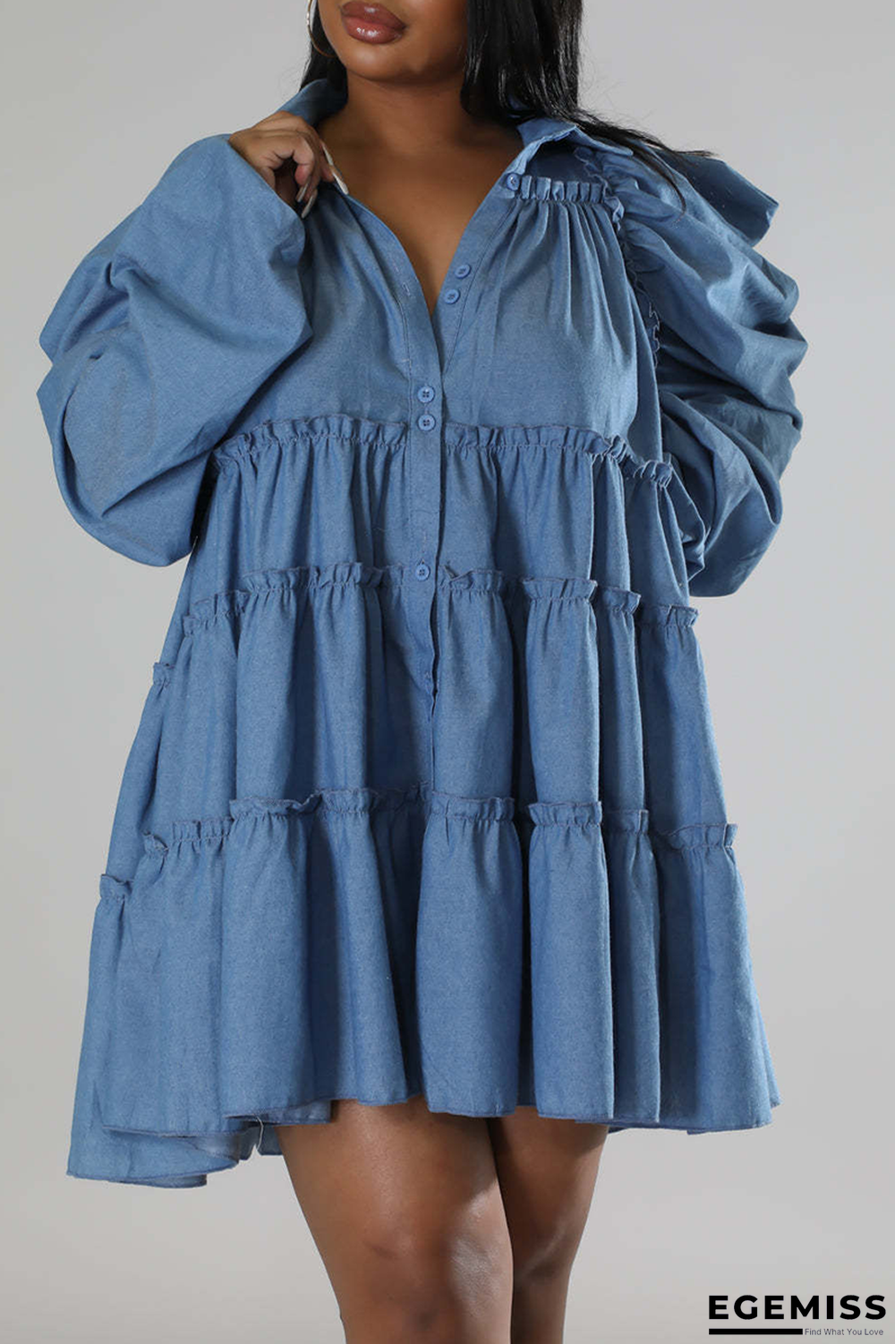 Blue Street Solid Flounce Turndown Collar Cake Skirt Plus Size Dresses | EGEMISS