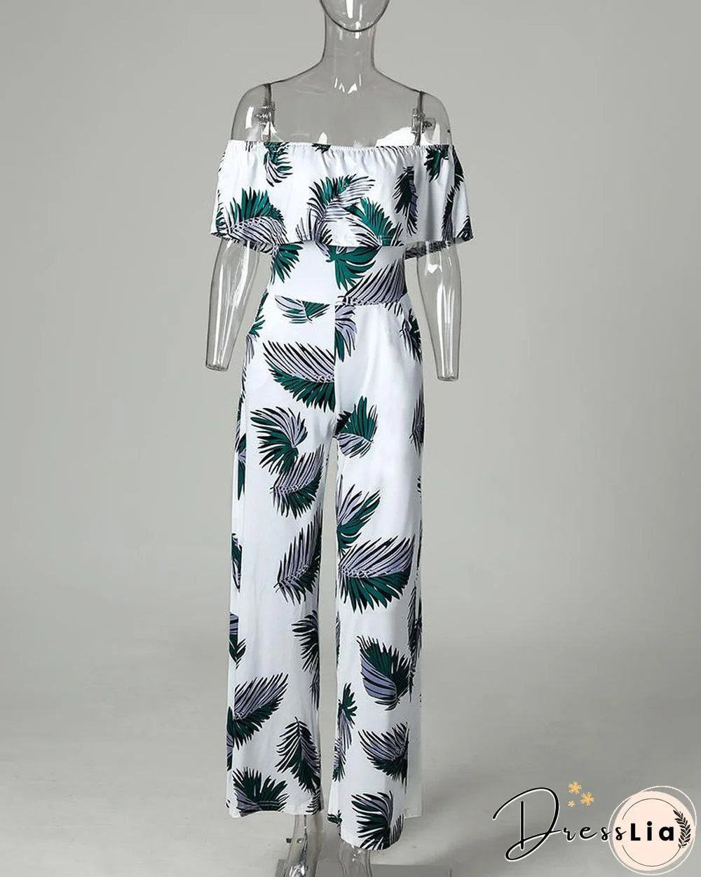 Fashion Print Frilled Off Shoulder Flared Jumpsuit P11647