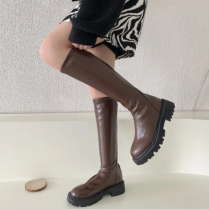 Soft PU Leather Long Boots For Women Slip On Mid Calf Boots Platform Ankle Boots Ladies Shoes Woman 2021 Autumn Winter Footwear