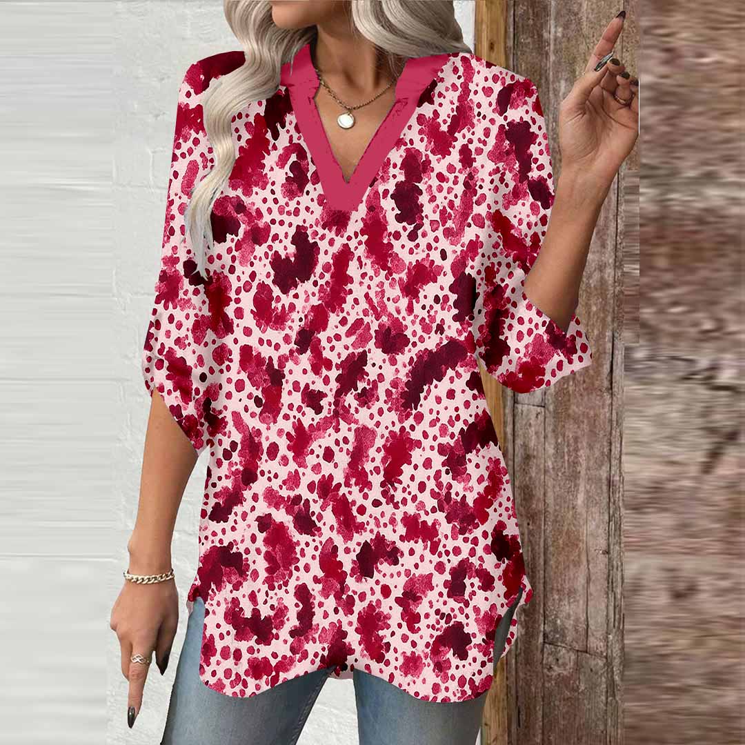 Women Textured, Black, Red DZGA0211 3/4 Sleeve V-neck Printed Graphic Button Tops