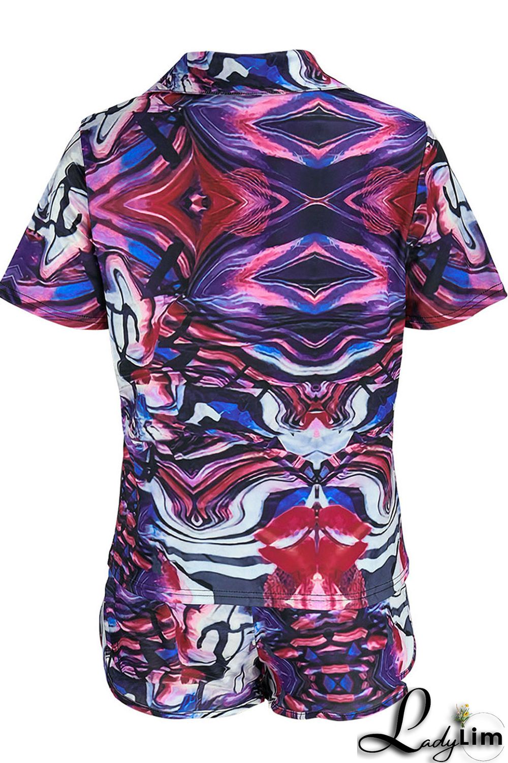 Black Gray Casual Print Patchwork Buckle Turndown Collar Short Sleeve Two Pieces