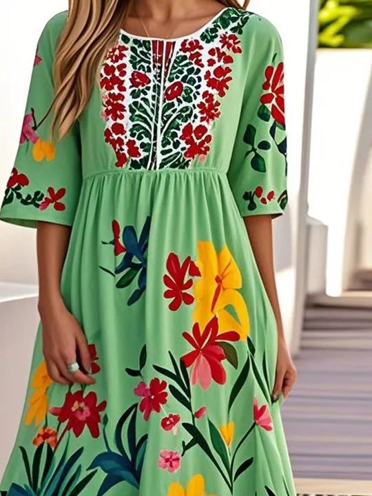 Women's Short Sleeve Scoop Neck Floral Printed Graphic Midi Dress