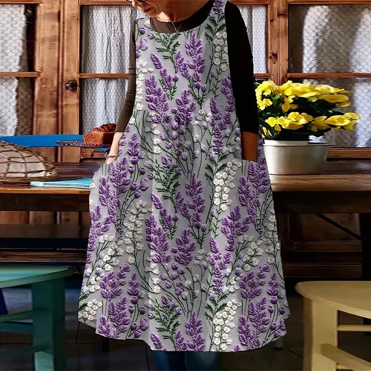 VChics Lavender Pattern Vest Linen Pocket Midi Dress