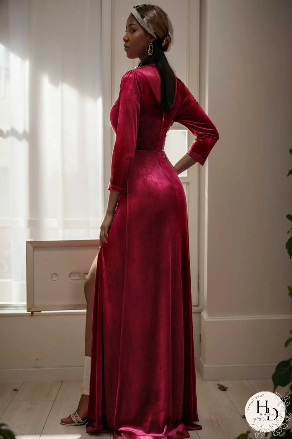 velvet 3 4 length sleeve illusion v neck front slit evening dress