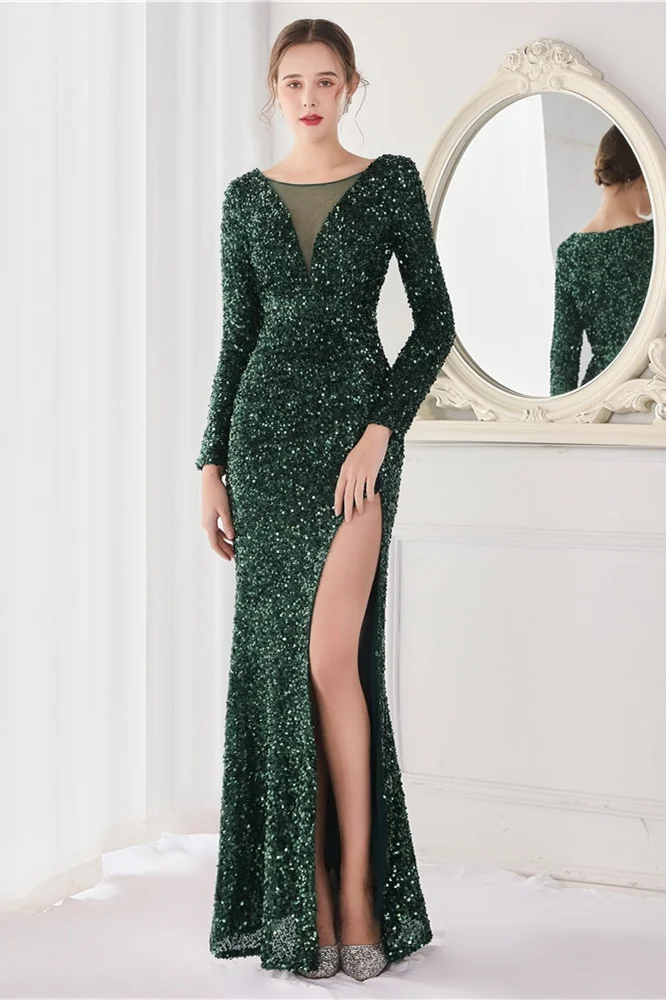 Daisda Dark Green Long Sleeves Front Evening Dress Mermaid Front Split With V-Neck Sequins