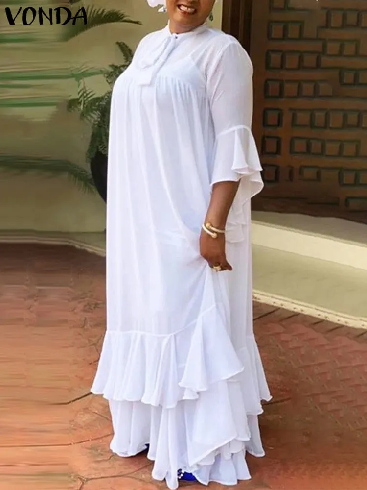 Summer Sleeveless Dress VONDA 2022 Women Bow Neck Flare Sleeve Pleated Ruffled Hem Long Maxi Dresses Bohemian Vestido Party Robe