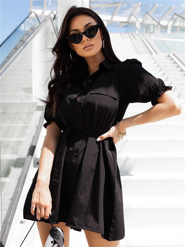 Commute Simple Short-sleeved Lapel Shirt Dress | EGEMISS