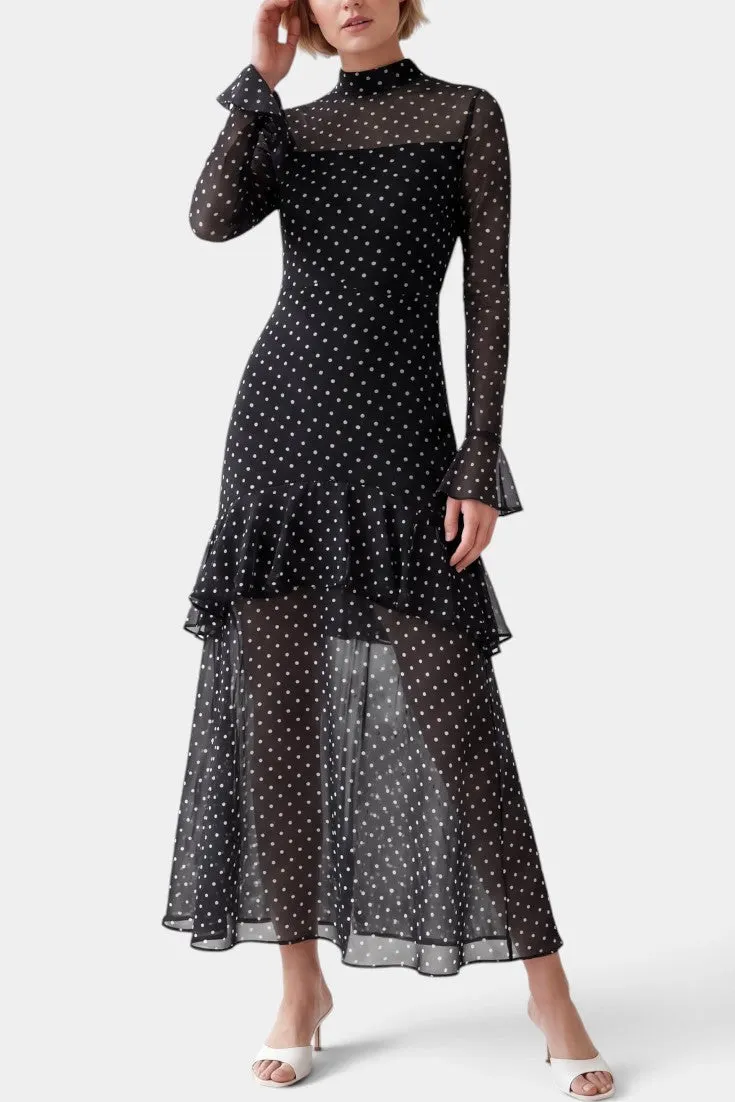 High Neck Polka Dot Maxi with Sheer Bell Sleeves
