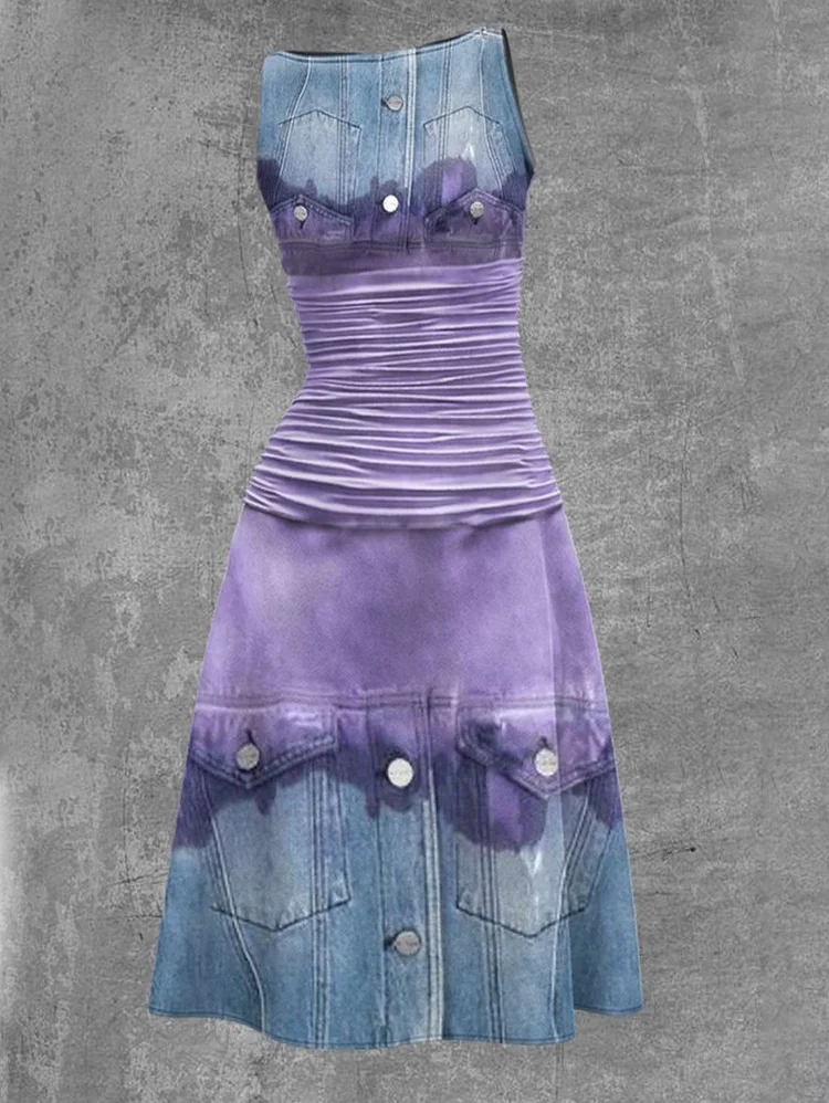 Fashion Sleeveless Denim Pattern Slim Midi Dress