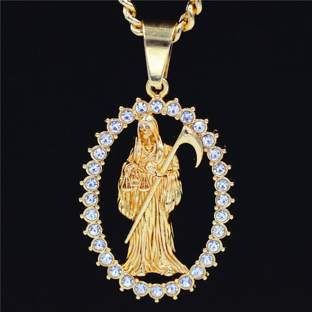 Men's Bling Holy Saint Santa Muerte Rhinestone Pendant Necklace-VESSFUL