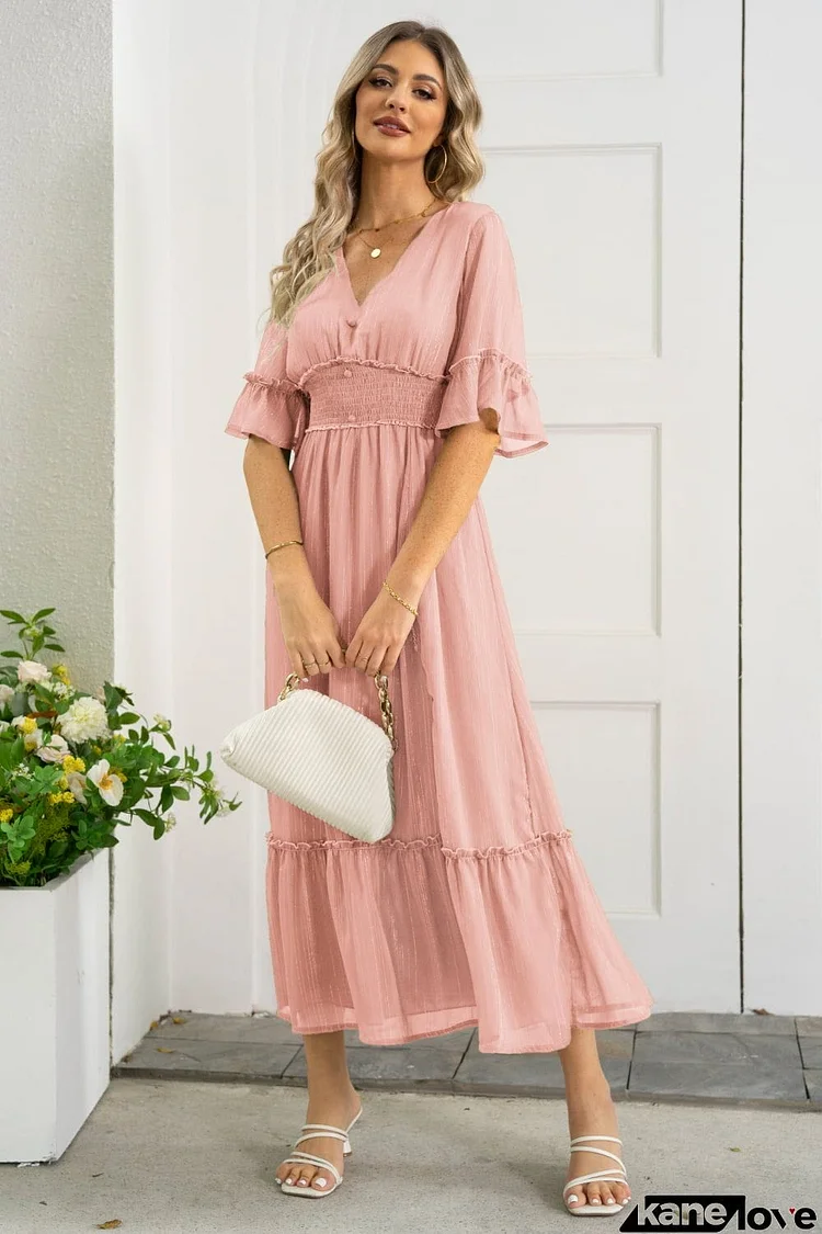 V-Neck Flounce Sleeve Smocked Waist High Slit Dress