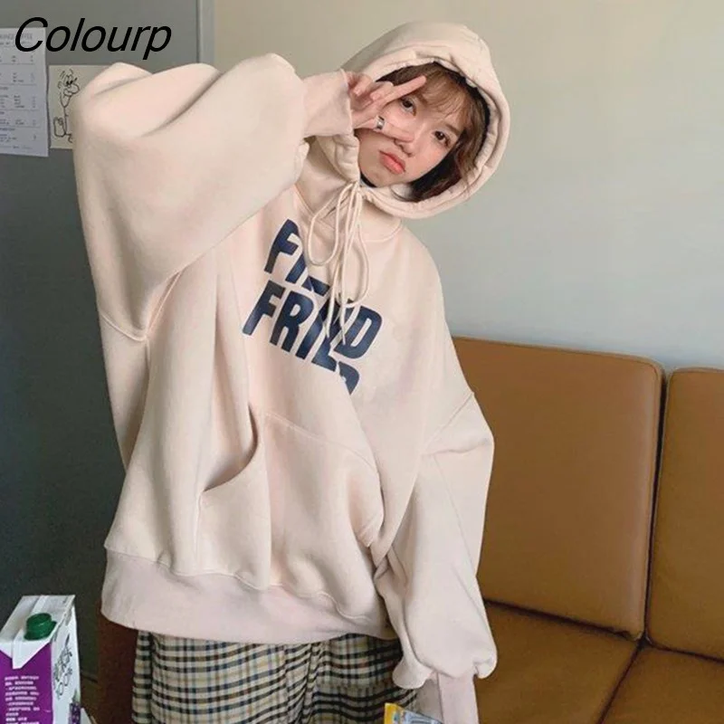 Colourp Grey Hoodie Fleece Sweatshirt Long Sleeve Korean Casual Letter Printing Vintage Baggy Female Tops Pullover Hoodie Autumn