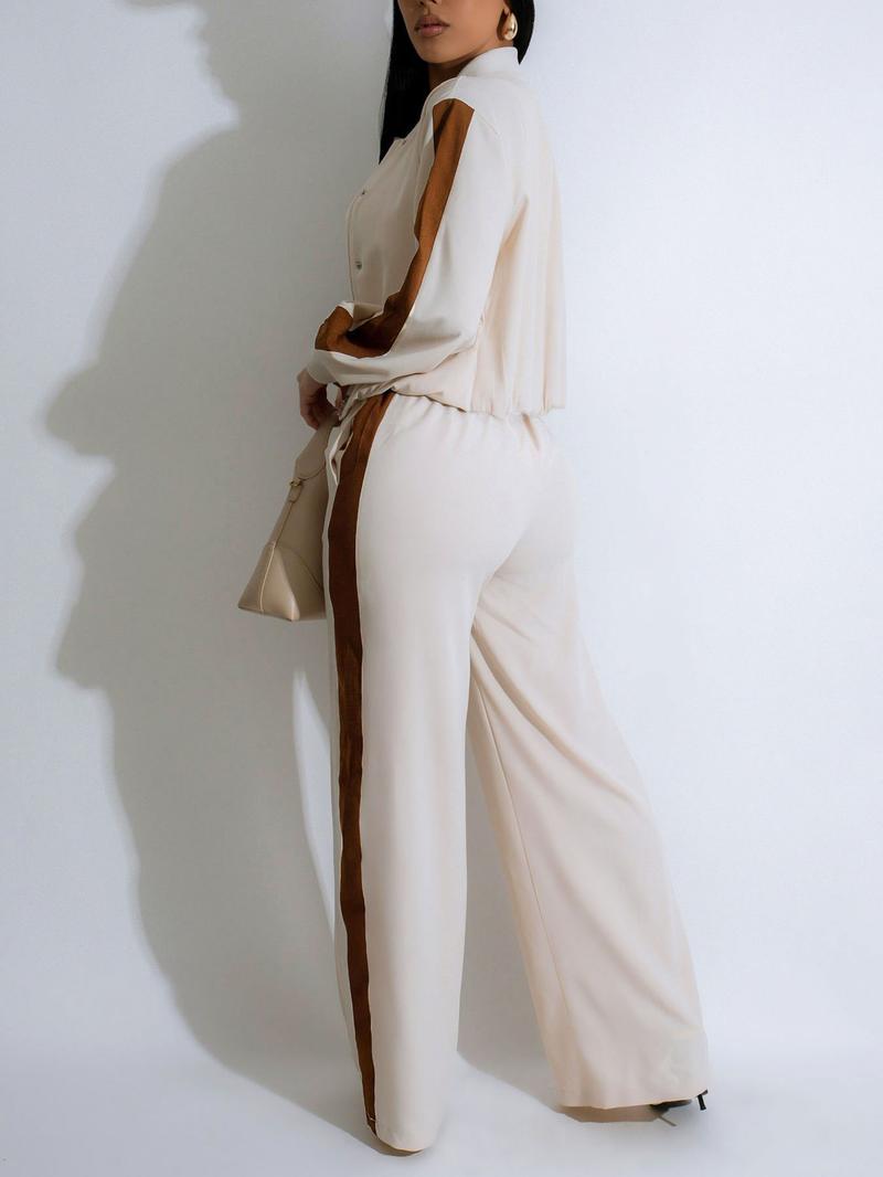 Two-piece Set Women's Patchwork Top & Wide Leg Pants Set, Casual Long Sleeve Outerwear & Pants for Daily Wear, Ladies Summer Clothes